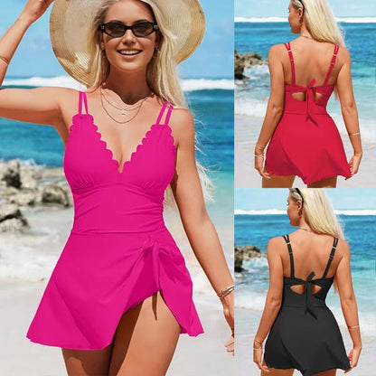 🎁2026 Hot Sale 80% OFF🌟Womens Deep V Tummy Control Scalloped Modest Tie Knot One Piece Swimsuit