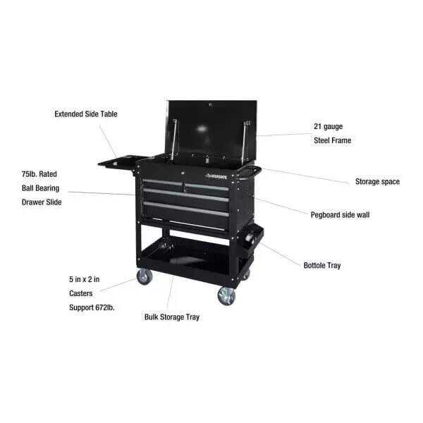 33 IN 4-DRAWER MECHANICS CART WITH EXTENDED SIDE TABLE AND BOTTLE TRAY