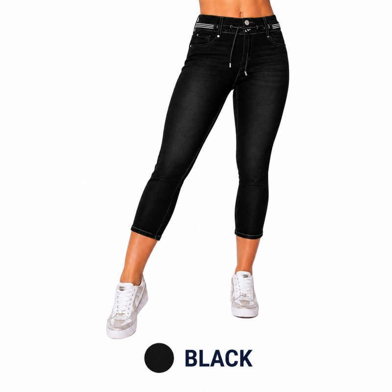 Wash Contrast Binding Double Button Drawstring Mid Waist High Stretch Fit Capri Jeans  Pant