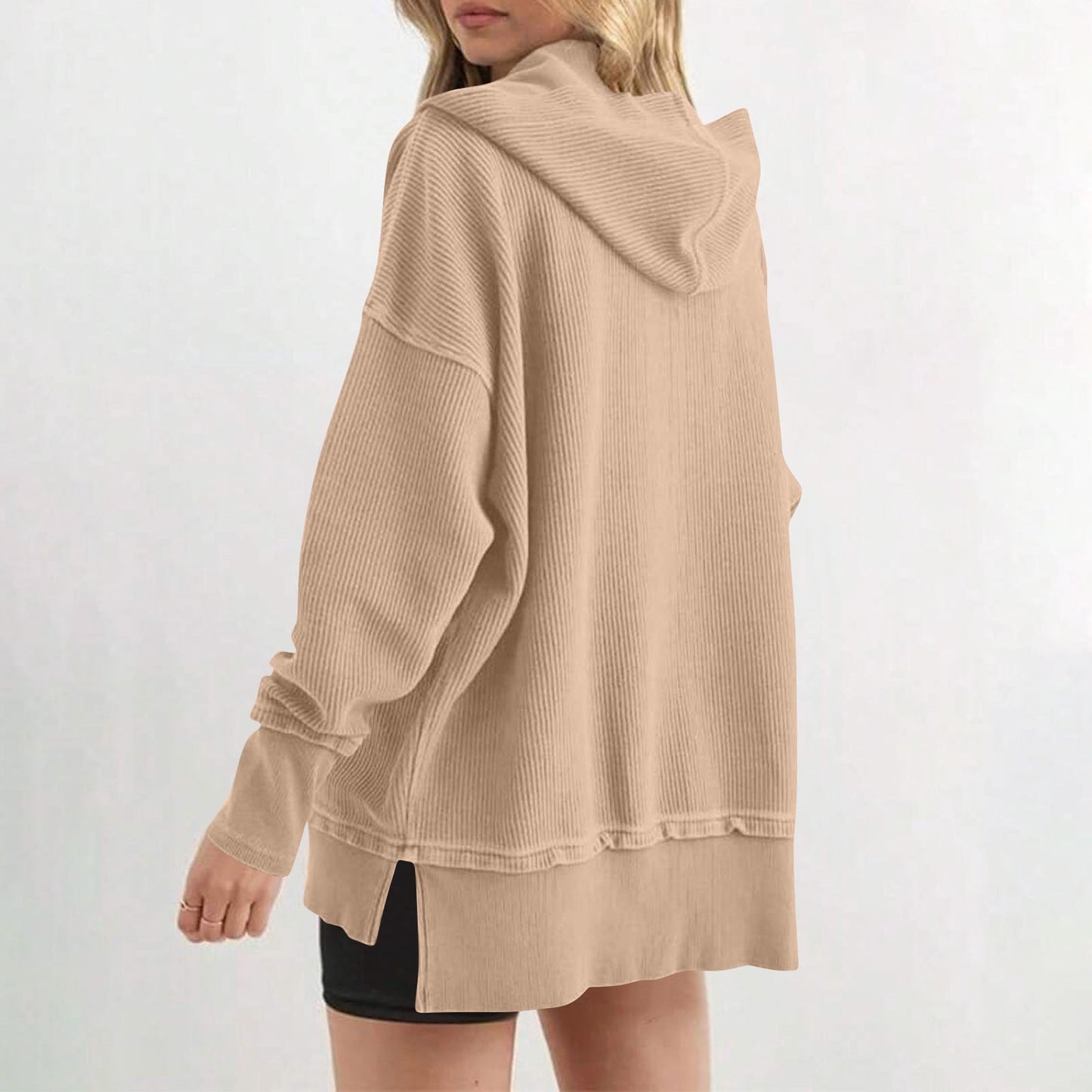 Womens Long Sleeve Tops Casual Ribbed Knit Half Button Hooded Pullover Sweatshirt Versatile Casual Wear
