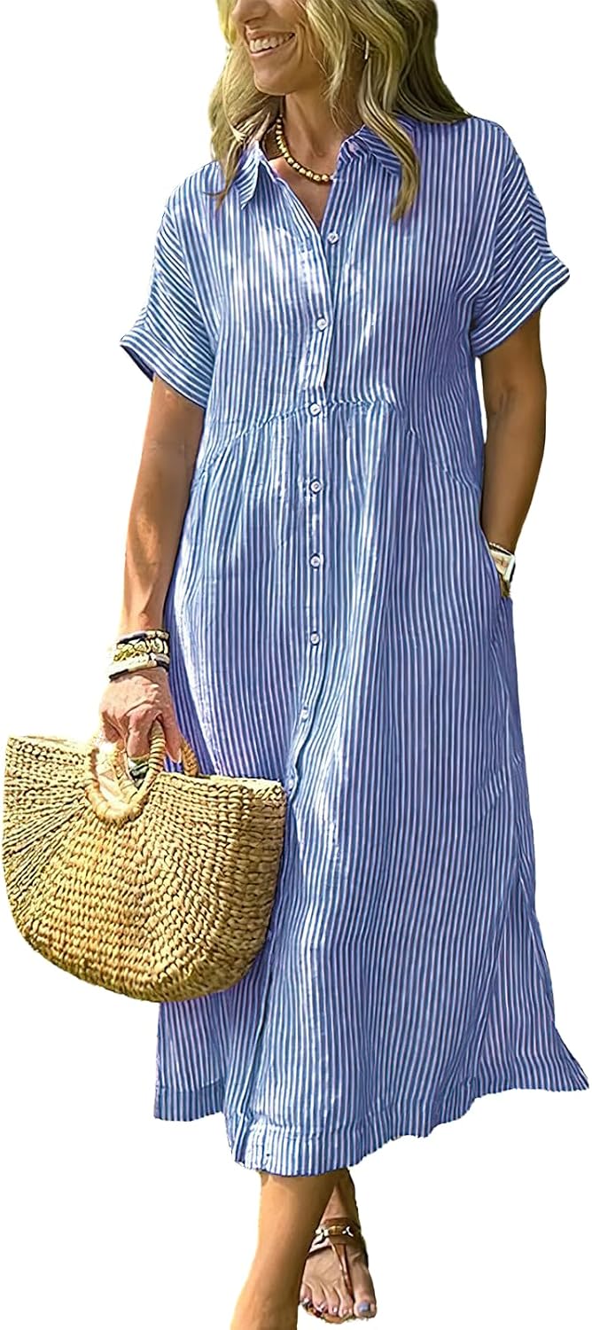 Women's Boho Striped Shirt Dress Button Up Side Slit Loose Mid Long Cotton Dress with Pockets