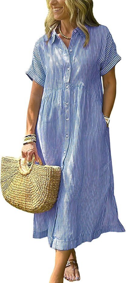 Women's Boho Striped Shirt Dress Button Up Side Slit Loose Mid Long Cotton Dress with Pockets