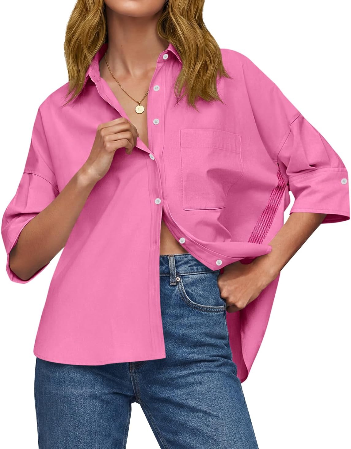 Cicy Bell Womens Oversized Button Down Shirts Half Sleeve Collared Tops | V Neck,High Low,Dressy Casual,Loose Fit Blouses,Business,Summer