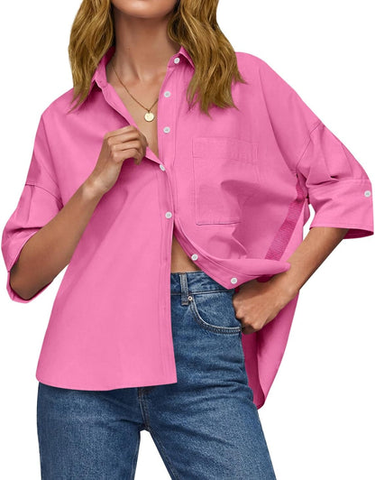 Cicy Bell Womens Oversized Button Down Shirts Half Sleeve Collared Tops | V Neck,High Low,Dressy Casual,Loose Fit Blouses,Business,Summer