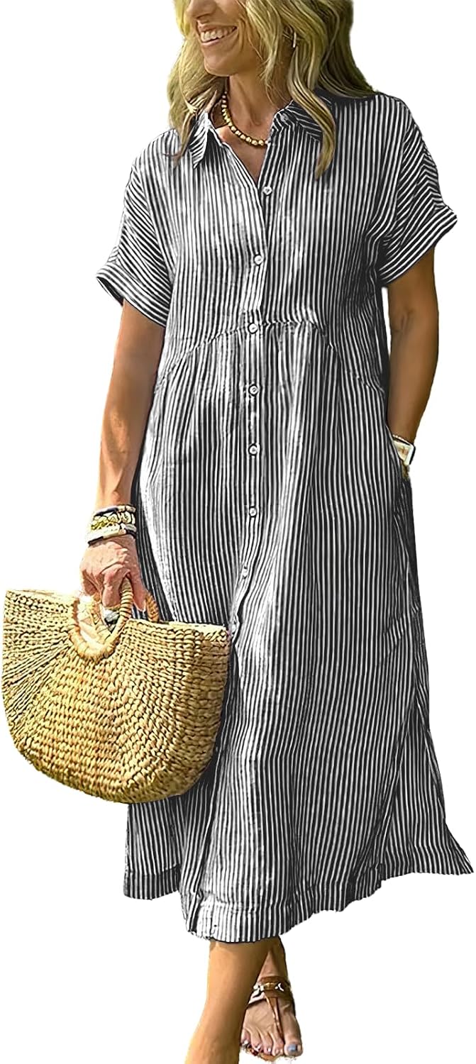 Women's Boho Striped Shirt Dress Button Up Side Slit Loose Mid Long Cotton Dress with Pockets