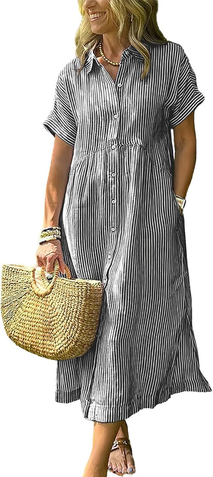 Women's Boho Striped Shirt Dress Button Up Side Slit Loose Mid Long Cotton Dress with Pockets
