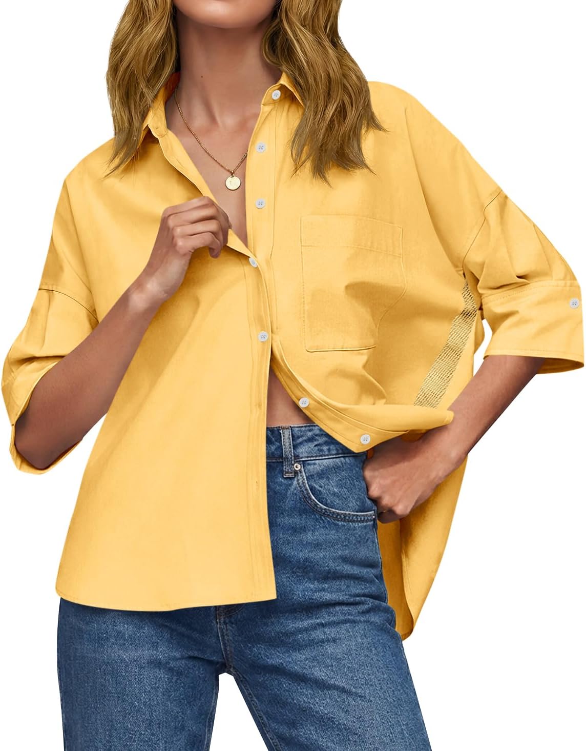 Cicy Bell Womens Oversized Button Down Shirts Half Sleeve Collared Tops | V Neck,High Low,Dressy Casual,Loose Fit Blouses,Business,Summer