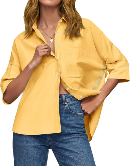 Cicy Bell Womens Oversized Button Down Shirts Half Sleeve Collared Tops | V Neck,High Low,Dressy Casual,Loose Fit Blouses,Business,Summer