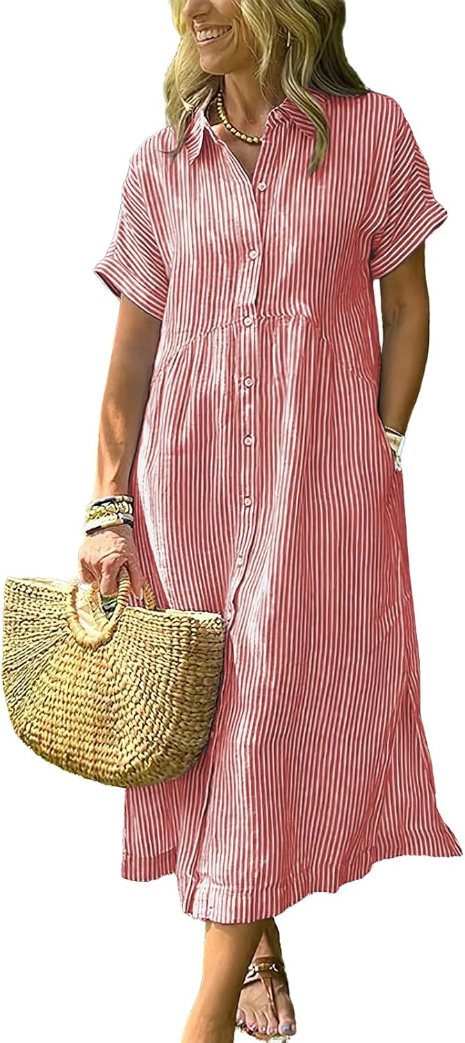 Women's Boho Striped Shirt Dress Button Up Side Slit Loose Mid Long Cotton Dress with Pockets
