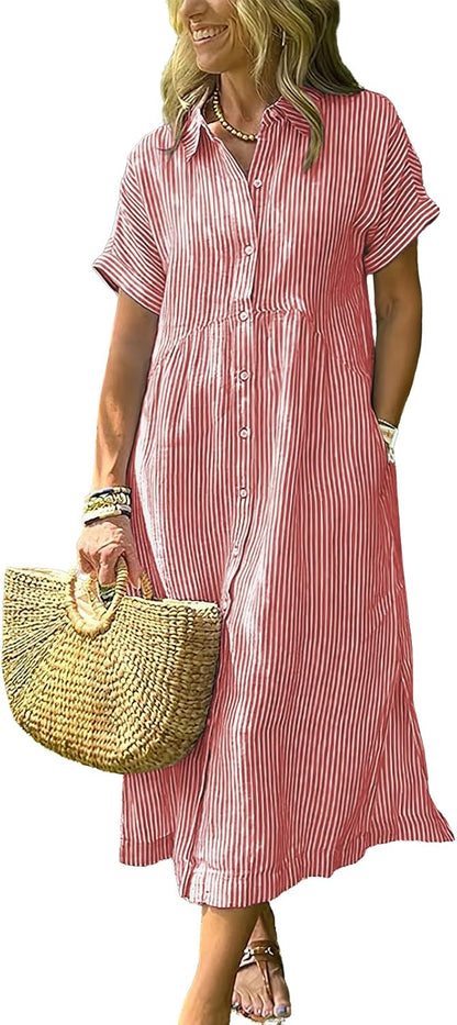 Women's Boho Striped Shirt Dress Button Up Side Slit Loose Mid Long Cotton Dress with Pockets