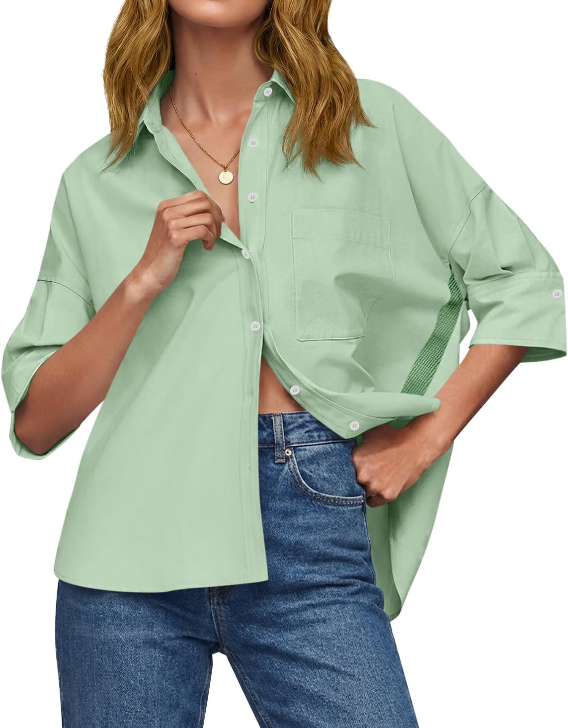 Cicy Bell Womens Oversized Button Down Shirts Half Sleeve Collared Tops | V Neck,High Low,Dressy Casual,Loose Fit Blouses,Business,Summer