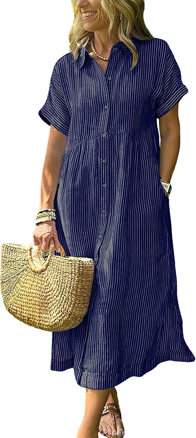 Women's Boho Striped Shirt Dress Button Up Side Slit Loose Mid Long Cotton Dress with Pockets