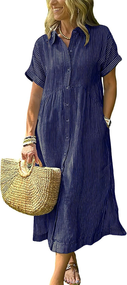 Women's Boho Striped Shirt Dress Button Up Side Slit Loose Mid Long Cotton Dress with Pockets