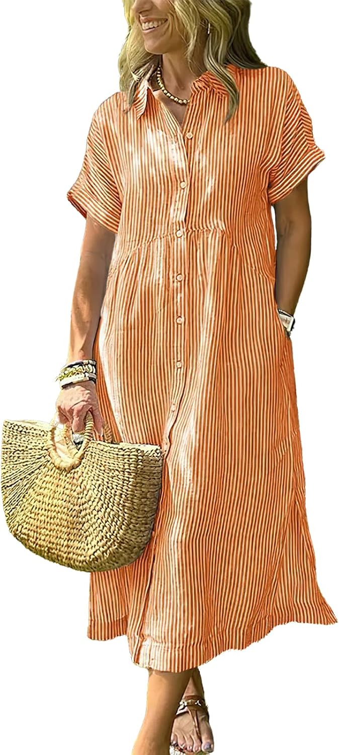 Women's Boho Striped Shirt Dress Button Up Side Slit Loose Mid Long Cotton Dress with Pockets