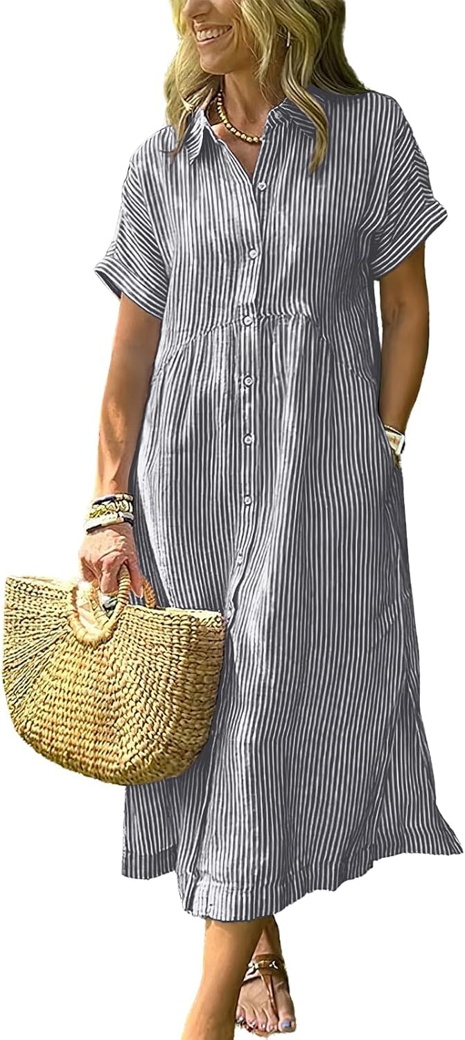 Women's Boho Striped Shirt Dress Button Up Side Slit Loose Mid Long Cotton Dress with Pockets