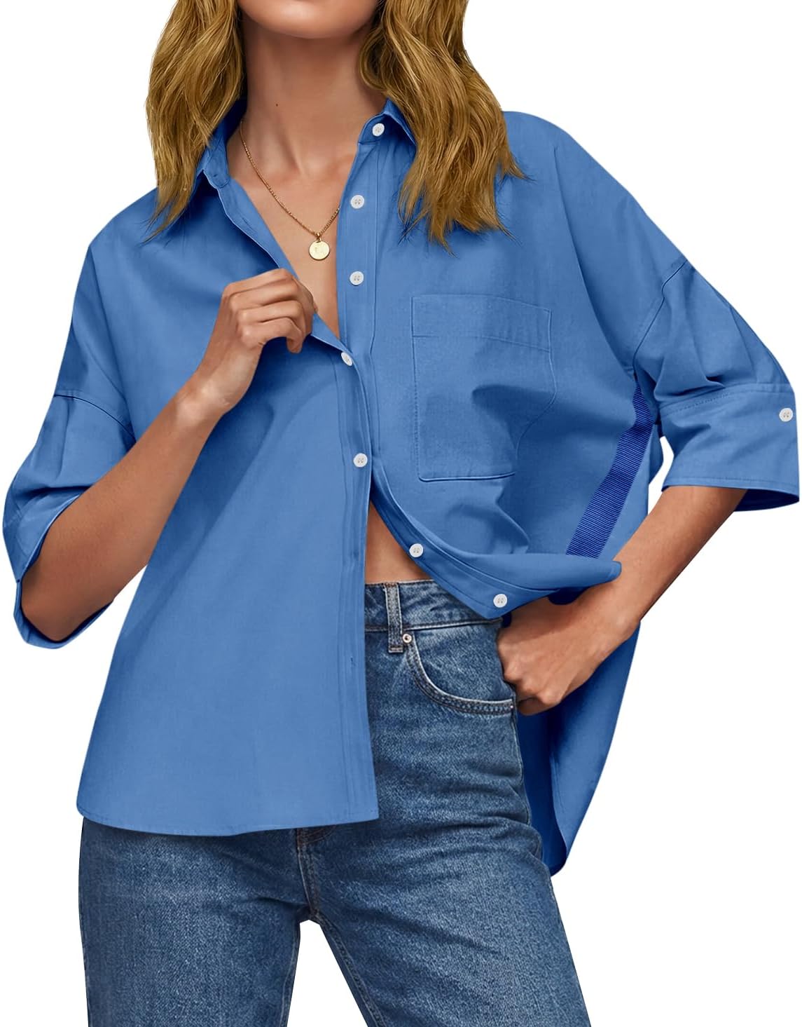 Cicy Bell Womens Oversized Button Down Shirts Half Sleeve Collared Tops | V Neck,High Low,Dressy Casual,Loose Fit Blouses,Business,Summer