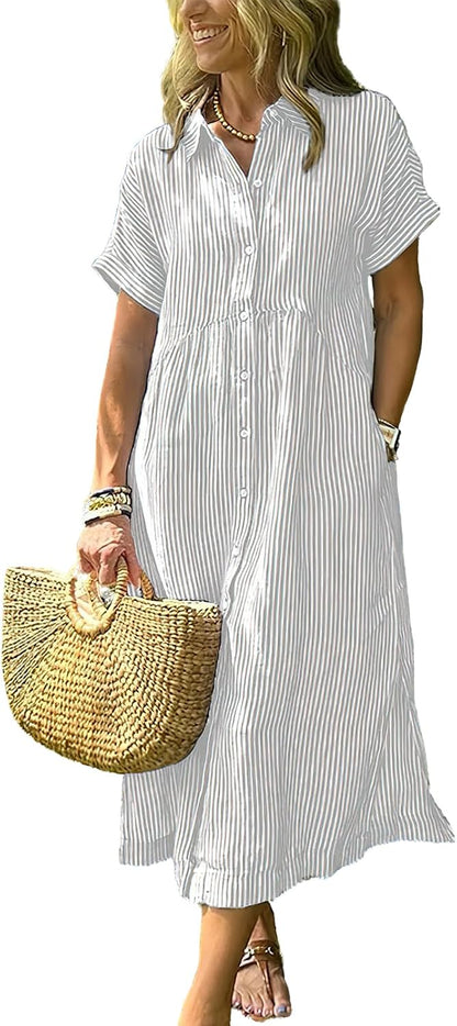 Women's Boho Striped Shirt Dress Button Up Side Slit Loose Mid Long Cotton Dress with Pockets