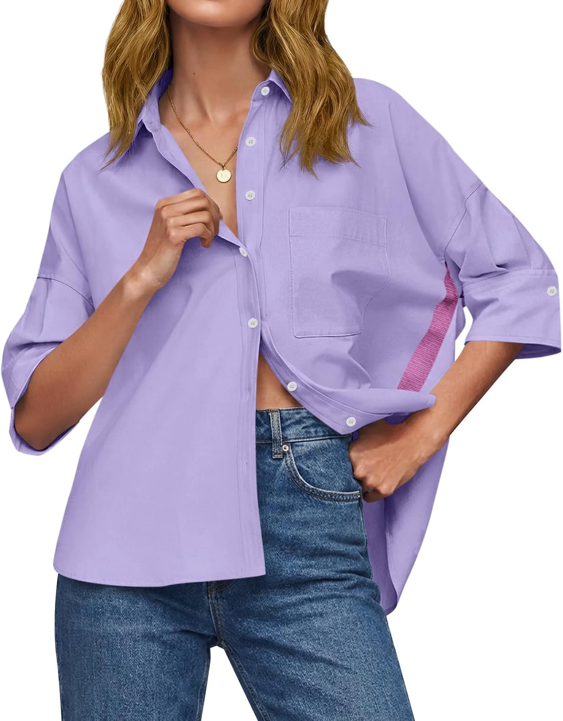Cicy Bell Womens Oversized Button Down Shirts Half Sleeve Collared Tops | V Neck,High Low,Dressy Casual,Loose Fit Blouses,Business,Summer