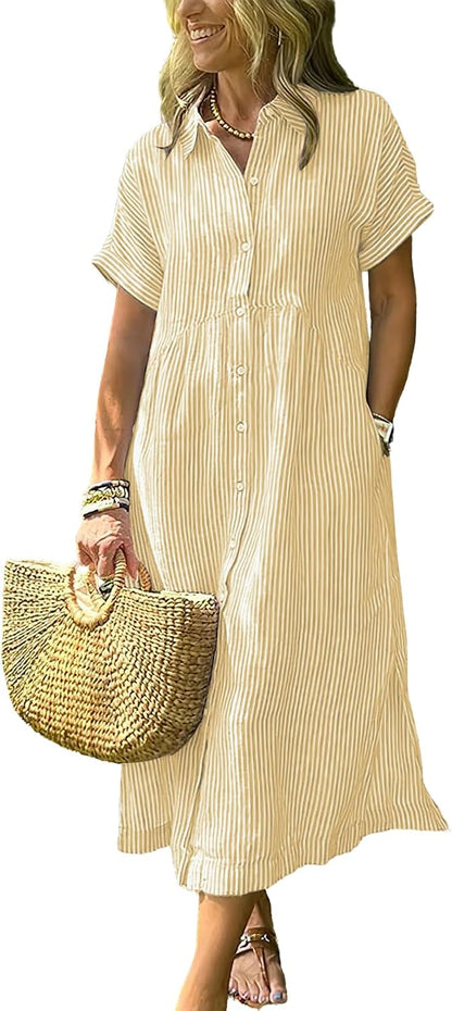 Women's Boho Striped Shirt Dress Button Up Side Slit Loose Mid Long Cotton Dress with Pockets