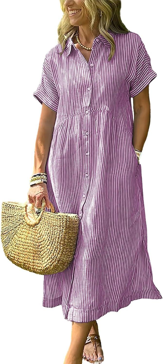 Women's Boho Striped Shirt Dress Button Up Side Slit Loose Mid Long Cotton Dress with Pockets