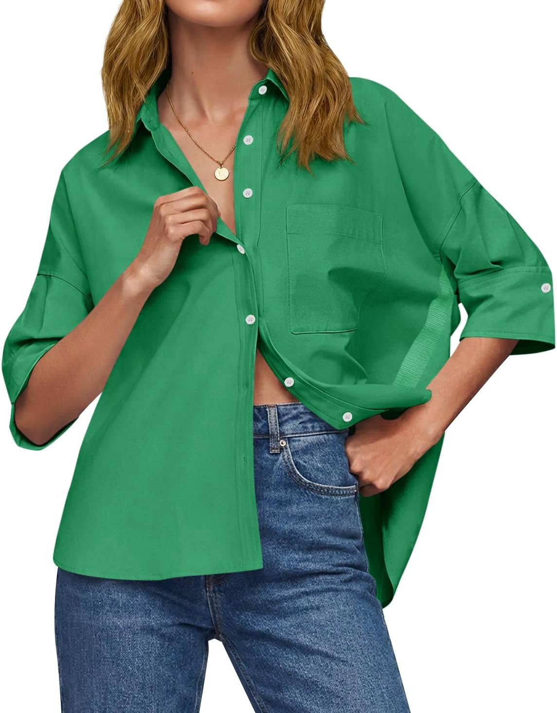 Cicy Bell Womens Oversized Button Down Shirts Half Sleeve Collared Tops | V Neck,High Low,Dressy Casual,Loose Fit Blouses,Business,Summer