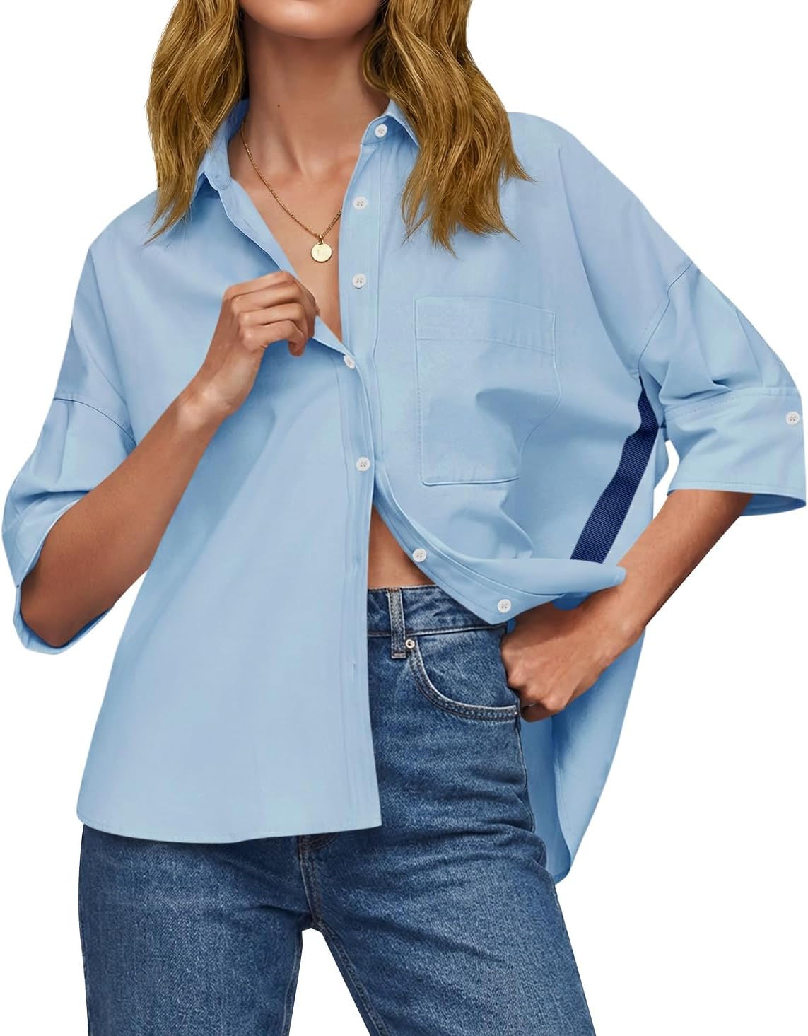 Cicy Bell Womens Oversized Button Down Shirts Half Sleeve Collared Tops | V Neck,High Low,Dressy Casual,Loose Fit Blouses,Business,Summer