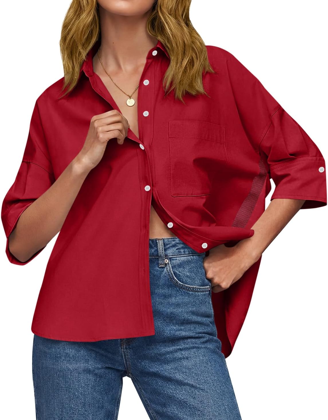 Cicy Bell Womens Oversized Button Down Shirts Half Sleeve Collared Tops | V Neck,High Low,Dressy Casual,Loose Fit Blouses,Business,Summer