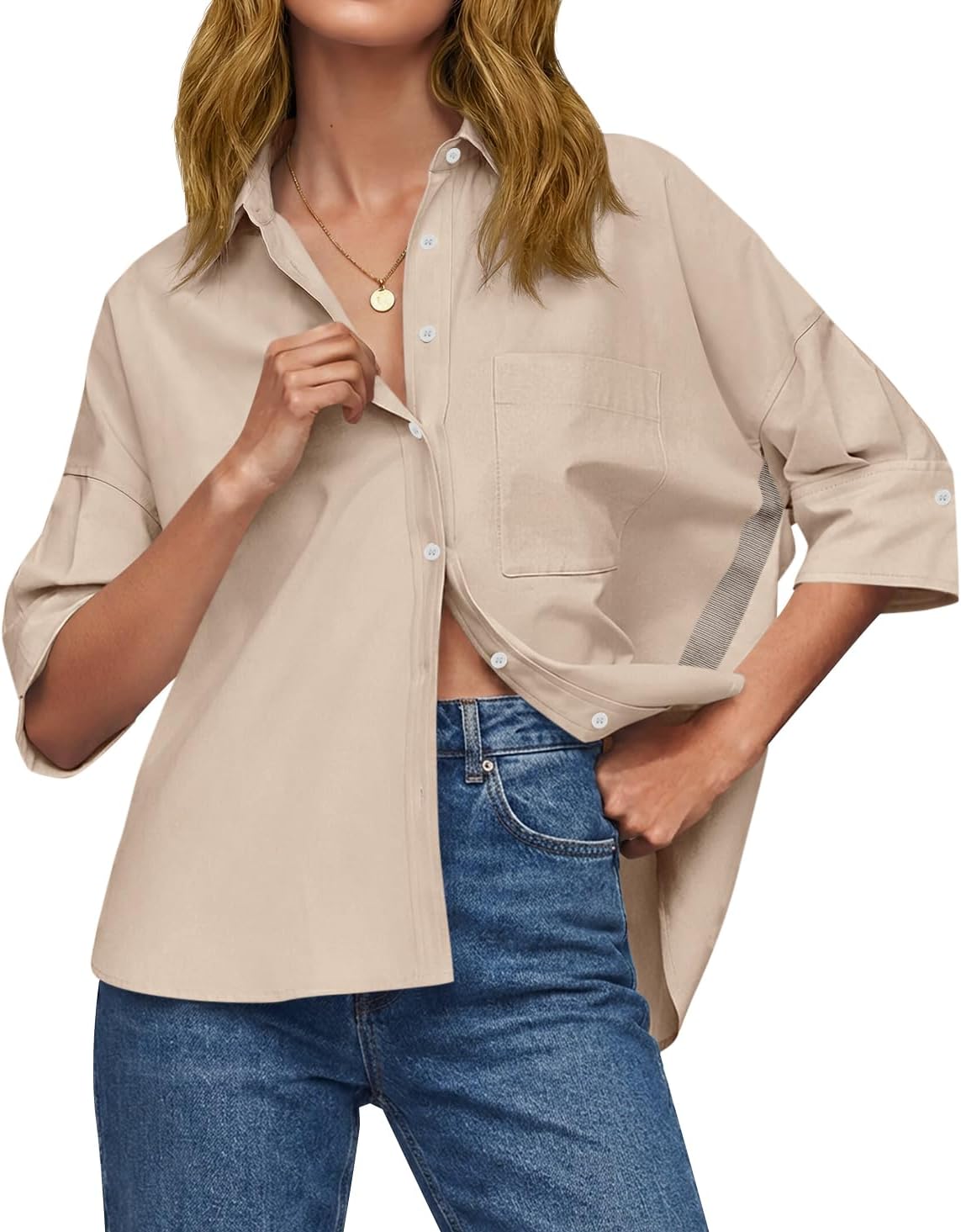 Cicy Bell Womens Oversized Button Down Shirts Half Sleeve Collared Tops | V Neck,High Low,Dressy Casual,Loose Fit Blouses,Business,Summer