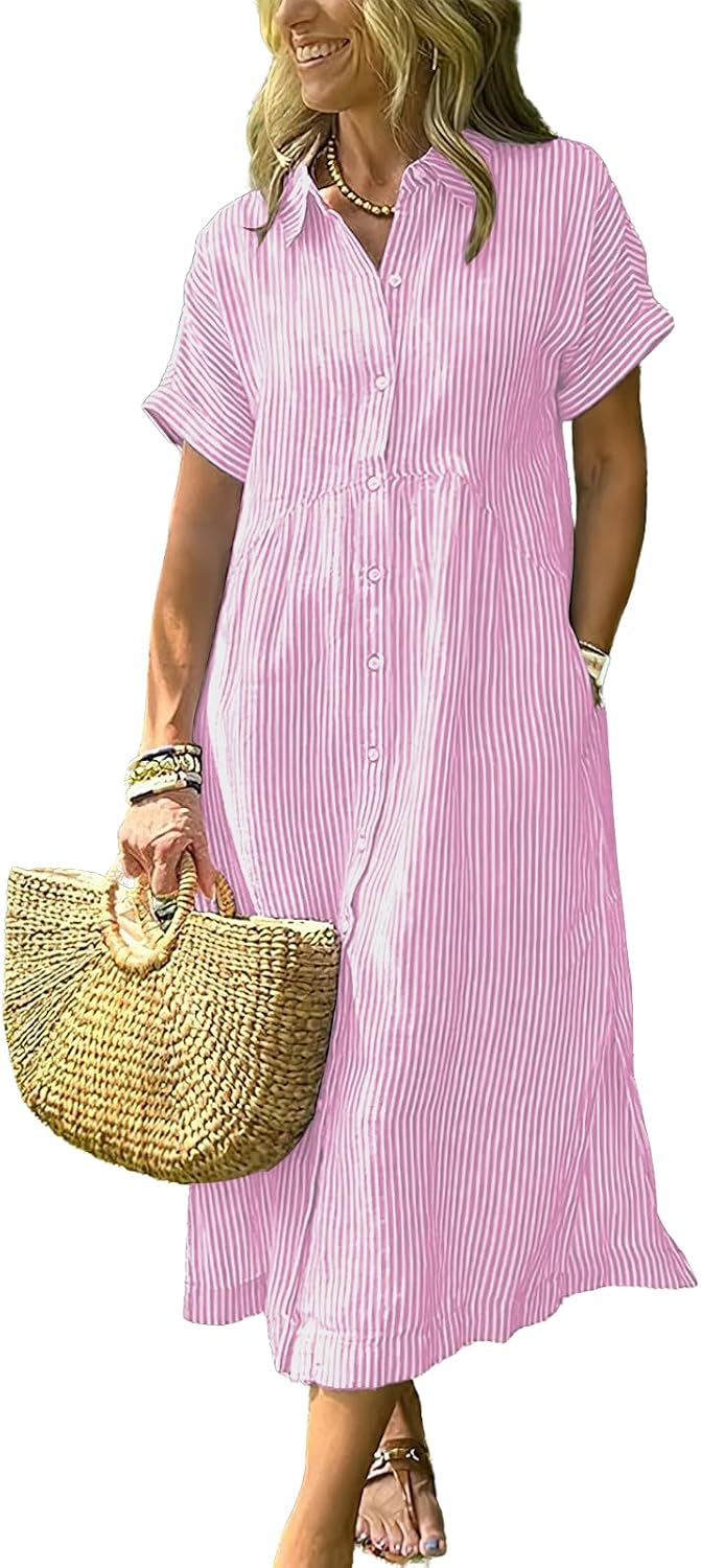 Women's Boho Striped Shirt Dress Button Up Side Slit Loose Mid Long Cotton Dress with Pockets
