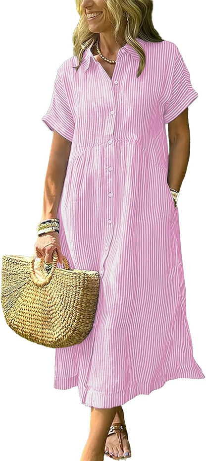 Women's Boho Striped Shirt Dress Button Up Side Slit Loose Mid Long Cotton Dress with Pockets
