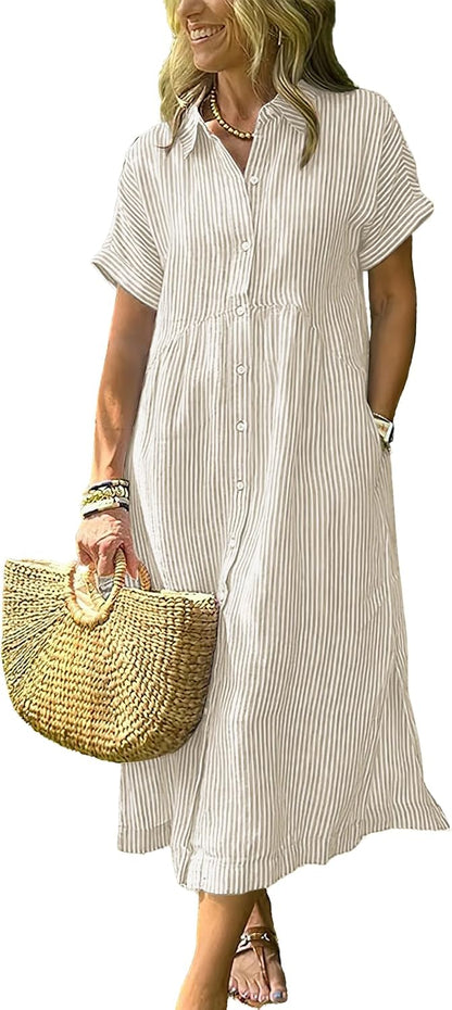 Women's Boho Striped Shirt Dress Button Up Side Slit Loose Mid Long Cotton Dress with Pockets