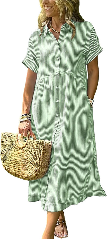 Women's Boho Striped Shirt Dress Button Up Side Slit Loose Mid Long Cotton Dress with Pockets