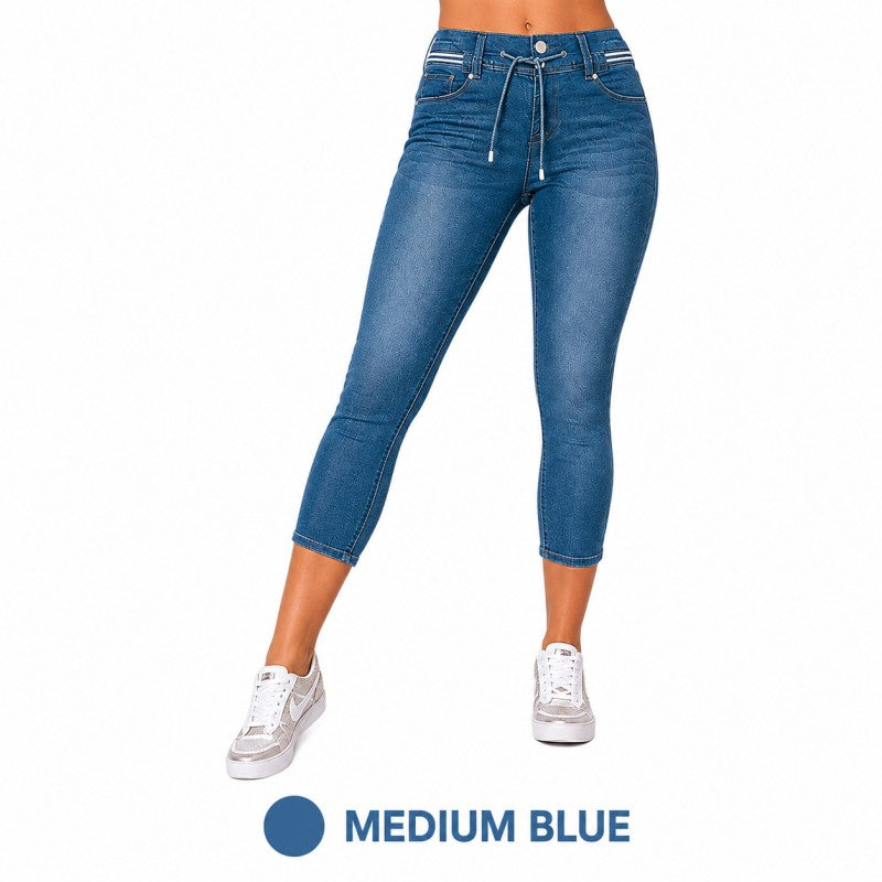 Wash Contrast Binding Double Button Drawstring Mid Waist High Stretch Fit Capri Jeans  Pant