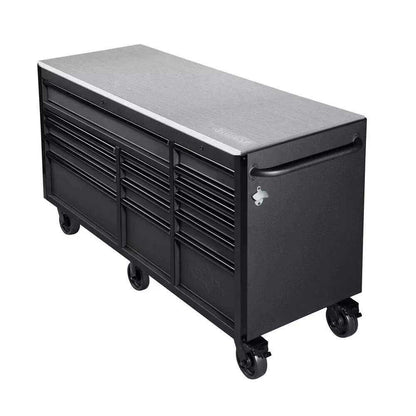HEAVY-DUTY 72 IN. W 15-DRAWER, DEEP TOOL CHEST MOBILE WORKBENCH IN MATTE BLACK WITH STAINLESS STEEL TOP AND DUAL LOCKS