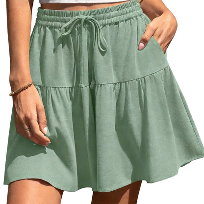 Womens Linen Blend Wide Leg Flowy Culotte Shorts Drawstring Loose Fit Summer Casual Lightweight Comfy Vacation Wear