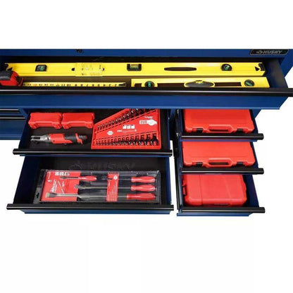 72 IN. 18-DRAWER MOBILE WORKBENCH WITH ADJUSTABLE-HEIGHT SOLID WOOD TOP IN MATTE BLUE