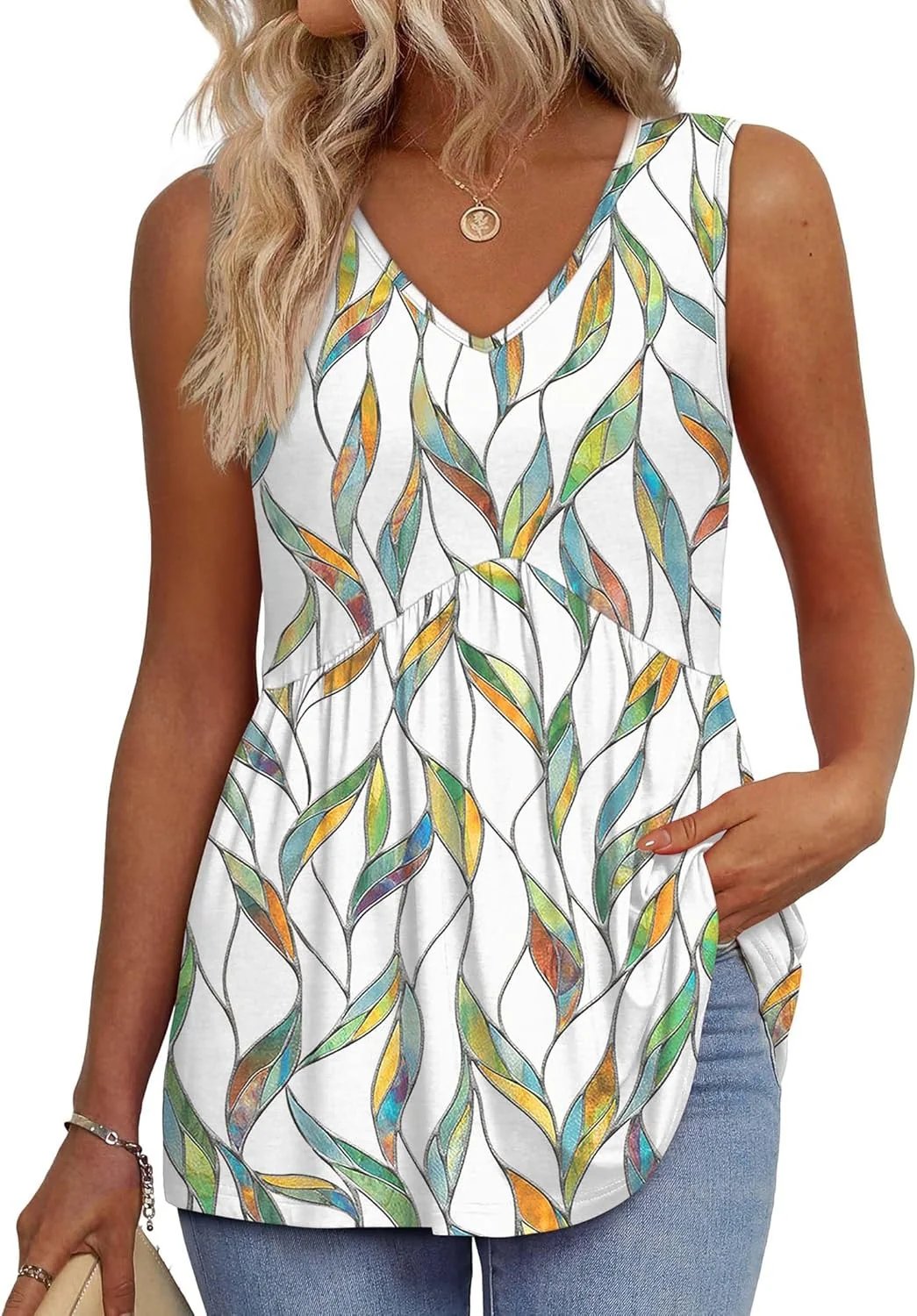 🔥Women's Print Flowy Sleeveless V Neck Peplum Tank Tops