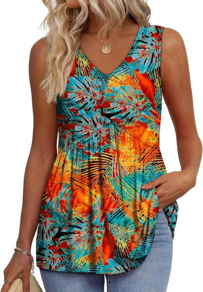🔥Women's Print Flowy Sleeveless V Neck Peplum Tank Tops