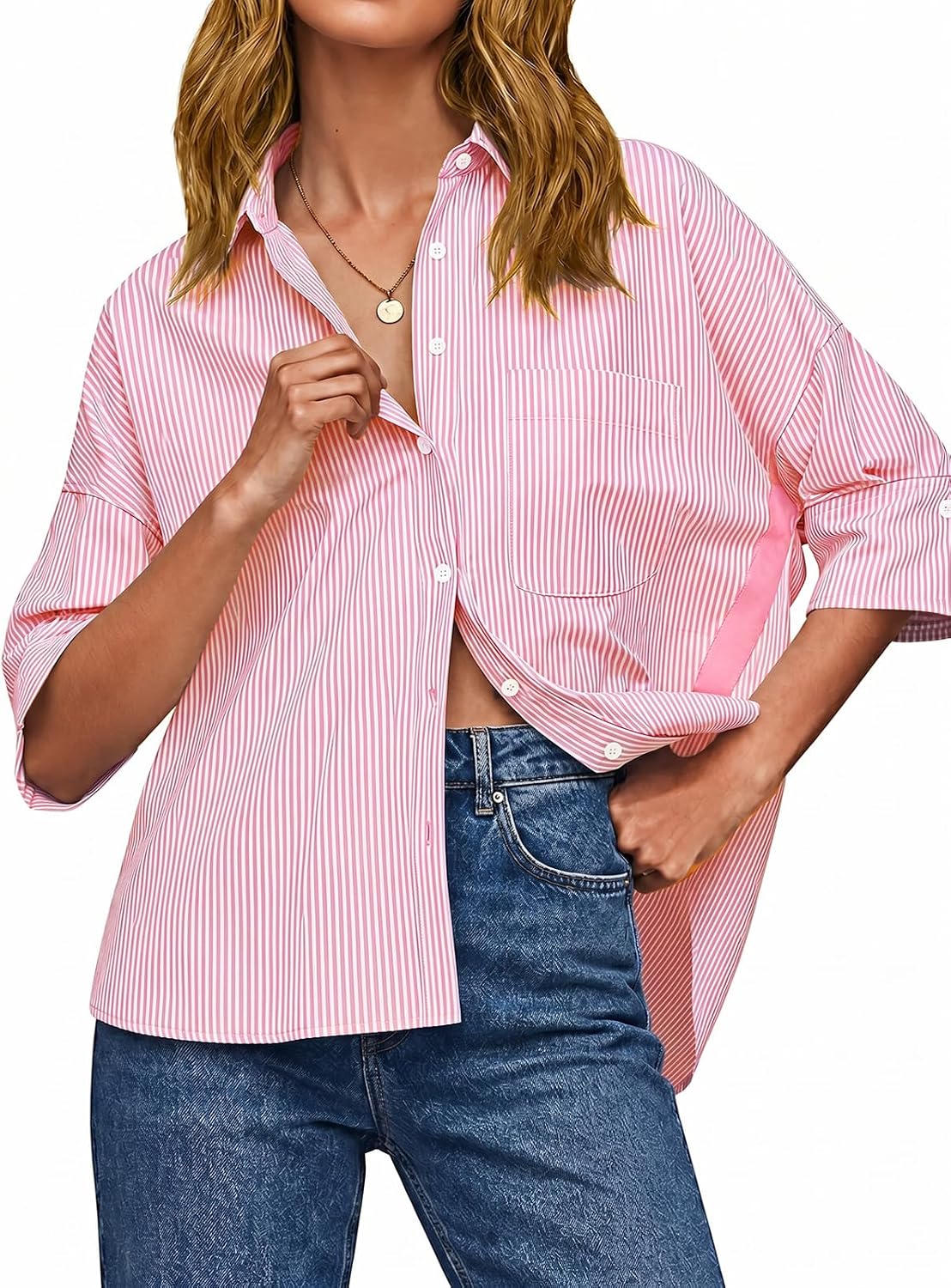 Cicy Bell Womens Oversized Button Down Shirts Half Sleeve Collared Tops | V Neck,High Low,Dressy Casual,Loose Fit Blouses,Business,Summer