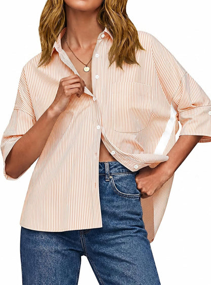 Cicy Bell Womens Oversized Button Down Shirts Half Sleeve Collared Tops | V Neck,High Low,Dressy Casual,Loose Fit Blouses,Business,Summer
