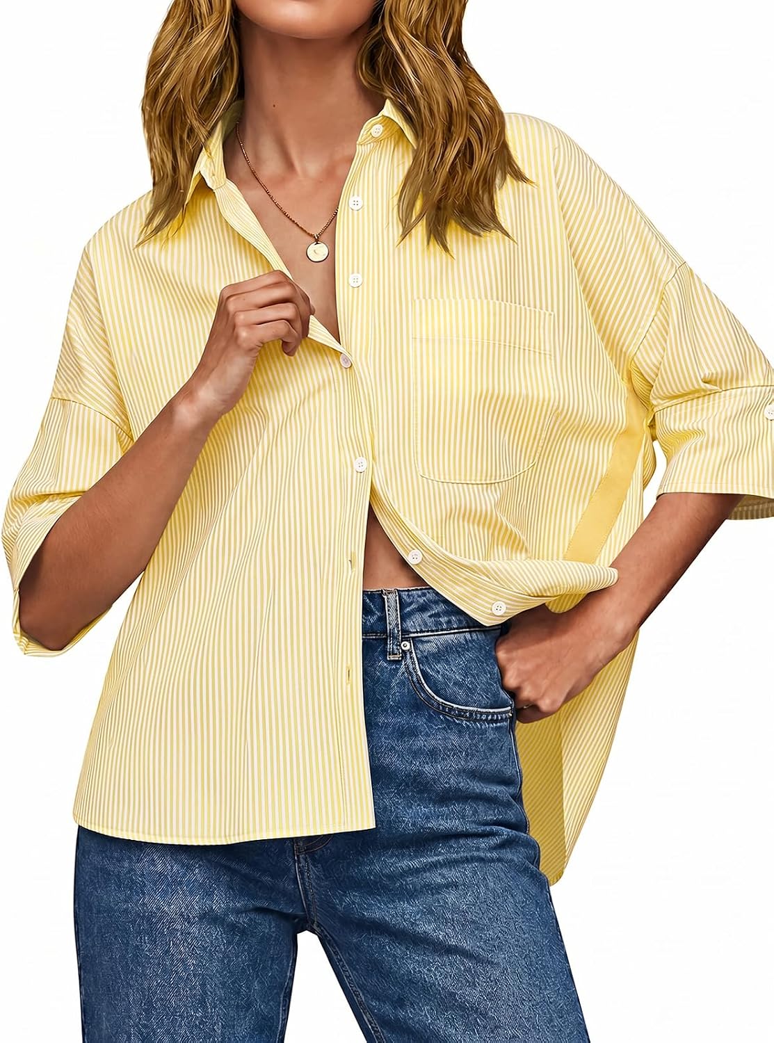 Cicy Bell Womens Oversized Button Down Shirts Half Sleeve Collared Tops | V Neck,High Low,Dressy Casual,Loose Fit Blouses,Business,Summer