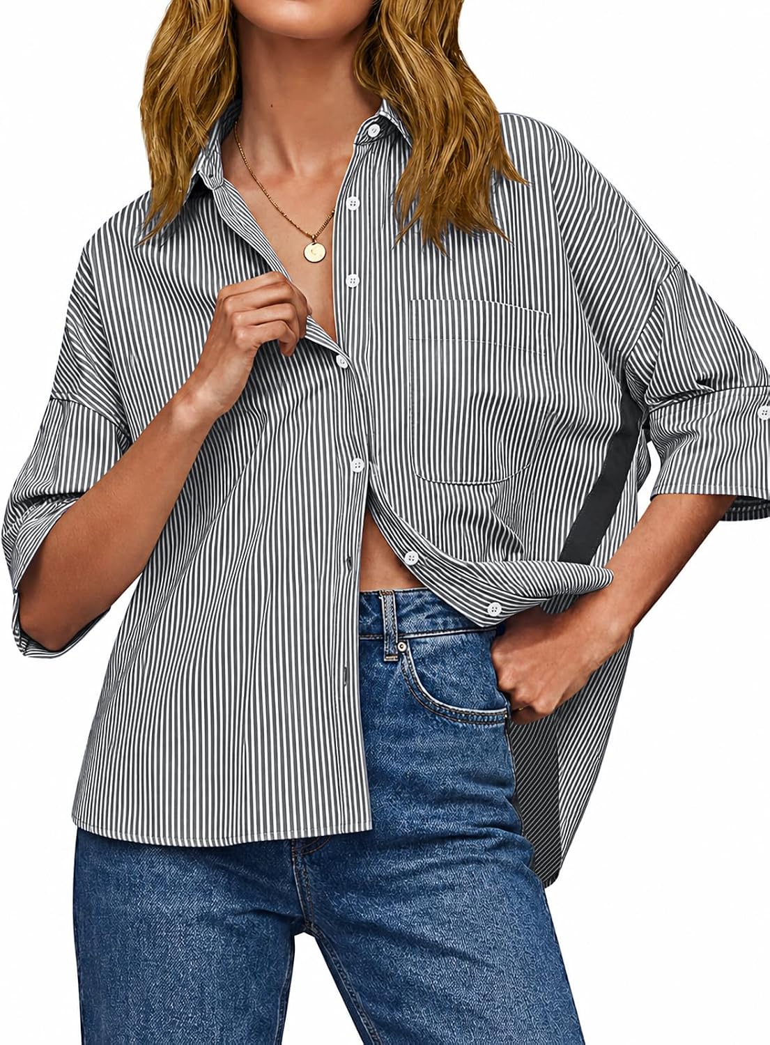 Cicy Bell Womens Oversized Button Down Shirts Half Sleeve Collared Tops | V Neck,High Low,Dressy Casual,Loose Fit Blouses,Business,Summer