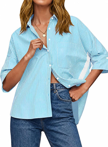 Cicy Bell Womens Oversized Button Down Shirts Half Sleeve Collared Tops | V Neck,High Low,Dressy Casual,Loose Fit Blouses,Business,Summer