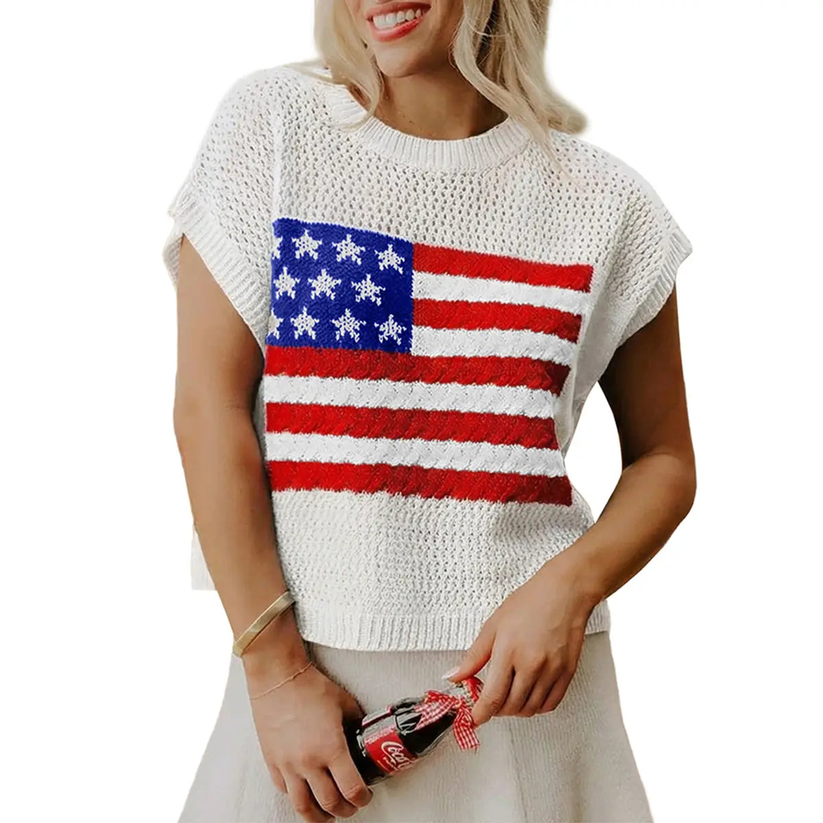 🔥4th of July Sale 🇺🇸 Women’s American Flag Graphic Knit Sweater Short Sleeve Casual Streetwear Top