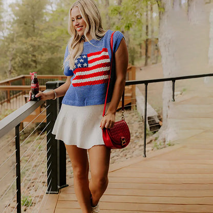 🔥4th of July Sale 🇺🇸 Women’s American Flag Graphic Knit Sweater Short Sleeve Casual Streetwear Top