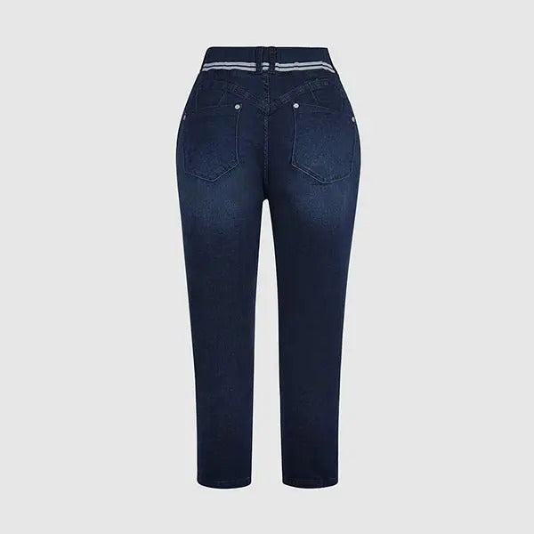 Wash Contrast Binding Double Button Drawstring Mid Waist High Stretch Fit Capri Jeans  Pant