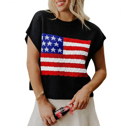 🔥4th of July Sale 🇺🇸 Women’s American Flag Graphic Knit Sweater Short Sleeve Casual Streetwear Top