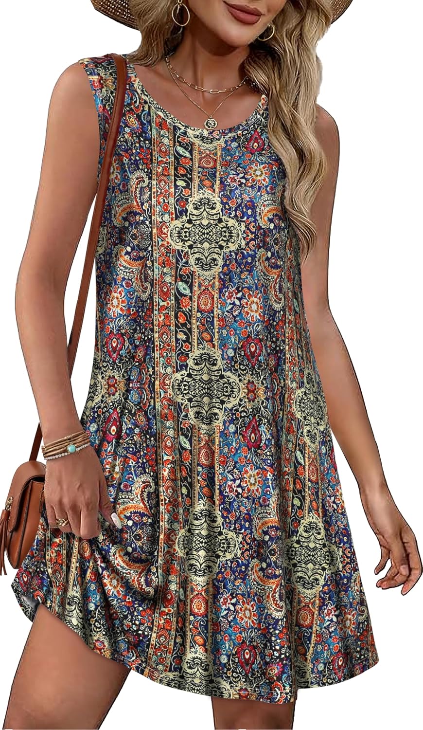 Summer Dresses for Women Beach Boho Sleeveless Vintage Floral Flowy Pocket Tshirt Tank Sundresses 2026