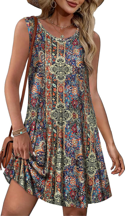 Summer Dresses for Women Beach Boho Sleeveless Vintage Floral Flowy Pocket Tshirt Tank Sundresses 2026
