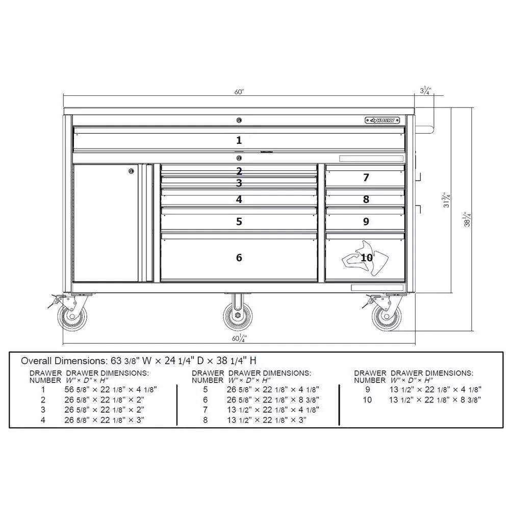 HEAVY-DUTY 60 IN. W 10-DRAWER, DEEP TOOL CHEST MOBILE WORKBENCH IN MATTE BLACK